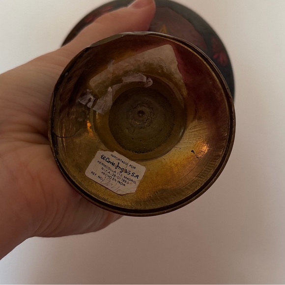 Vintage Indian Brass Vase Hand Etched Floral Design with Enamel, Patina, MCM - Picture 5 of 8